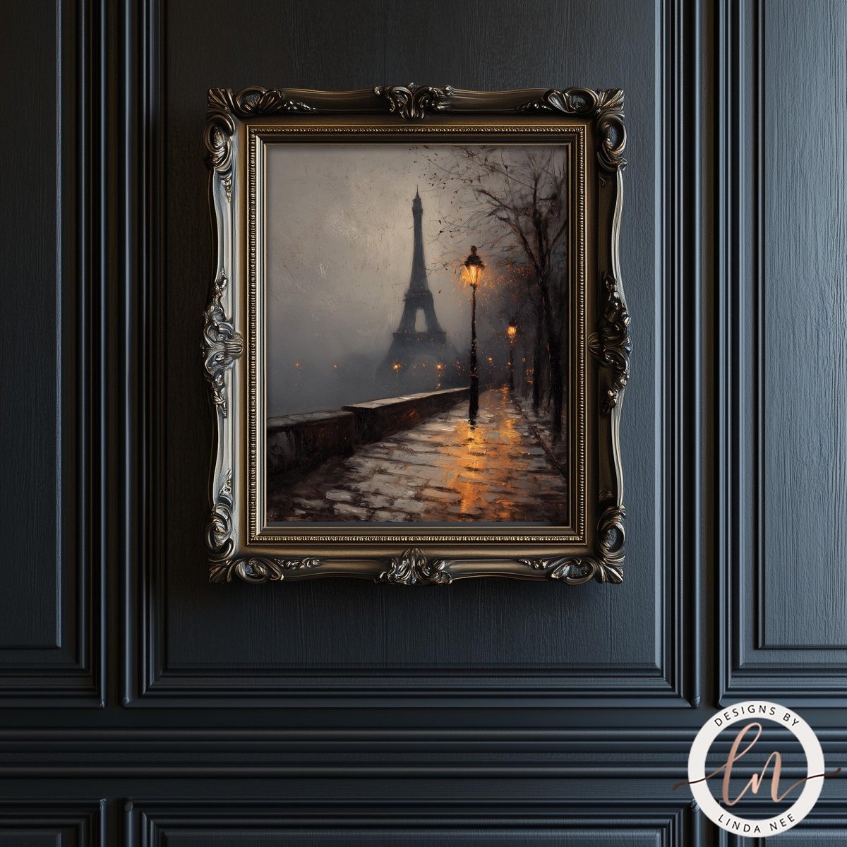 a painting of the Eiffel Tower in Paris, France, with a foggy and atmospheric background.