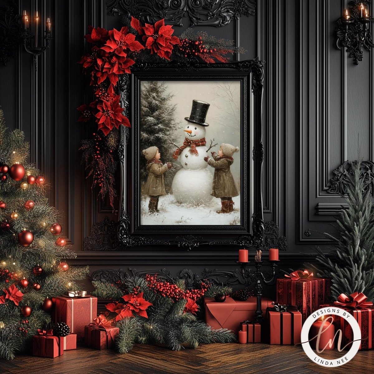 Snowman with children artwork shown with a wreath, candles and garland