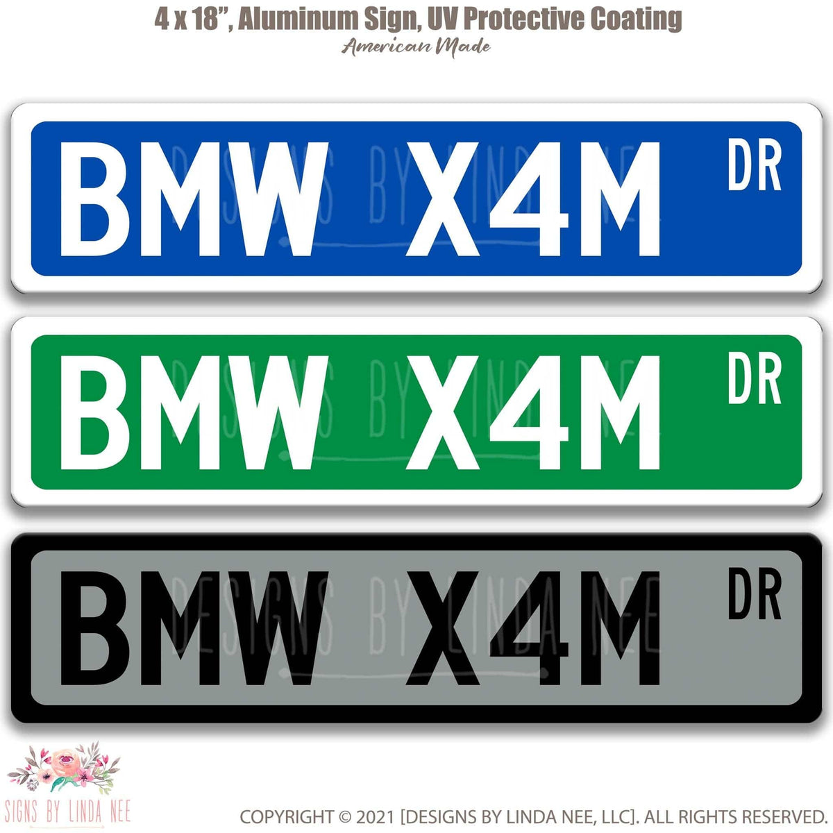 BMW X4M DR street name sign shown in three aluminum color options