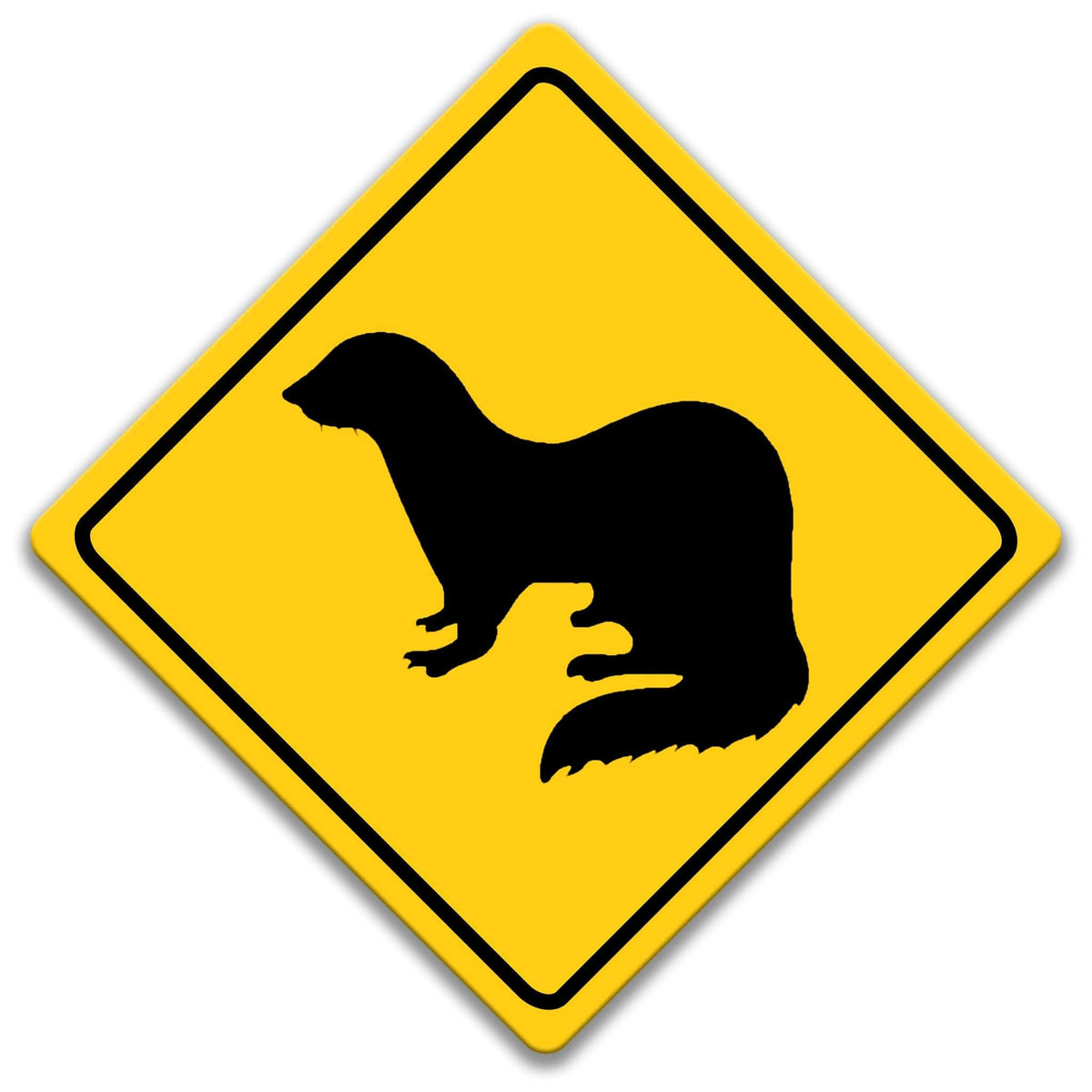 a yellow diamond-shaped sign with a black silhouette of a weasel and the word "XING" below it.