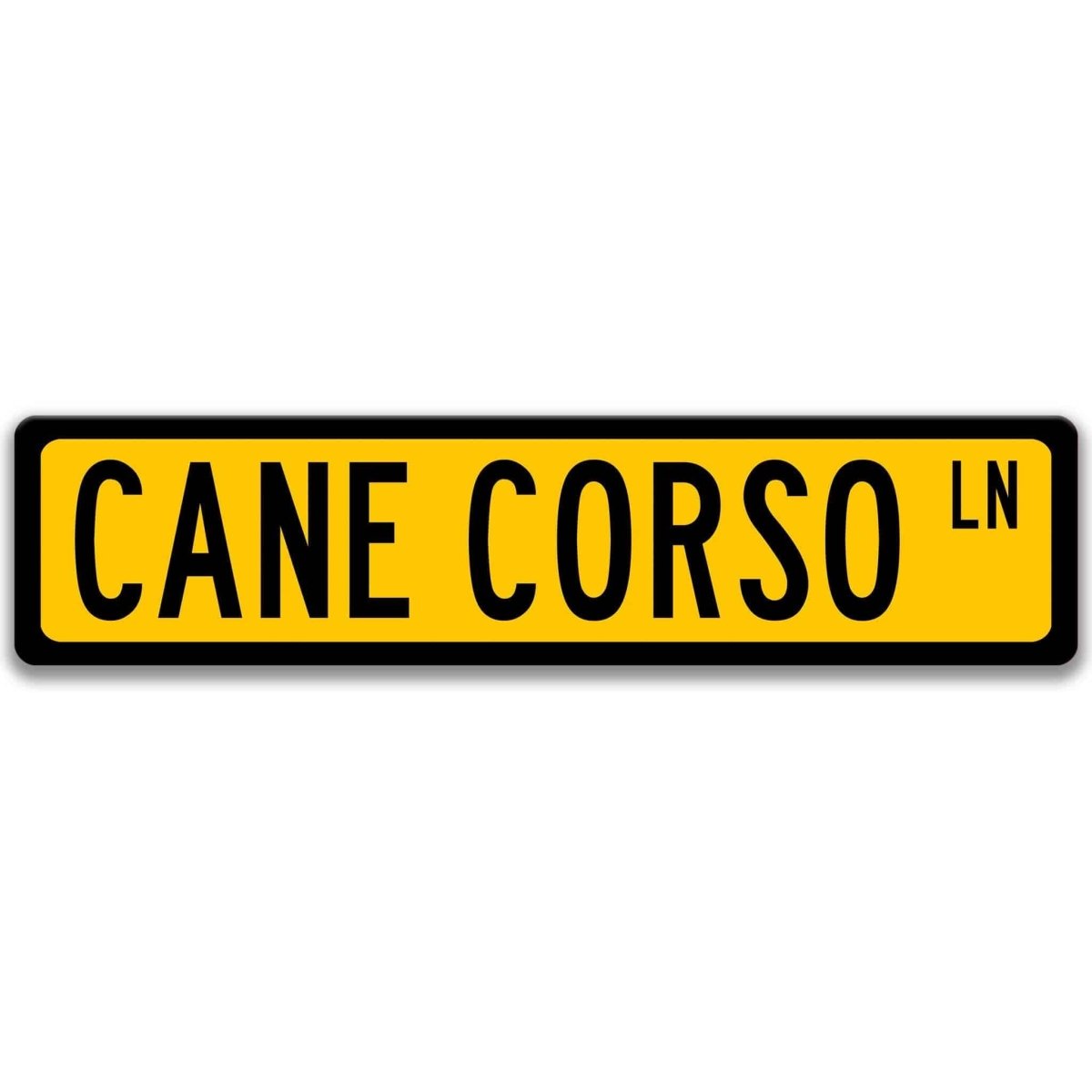 Yellow Cane Corso DR aluminum street sign with black lettering