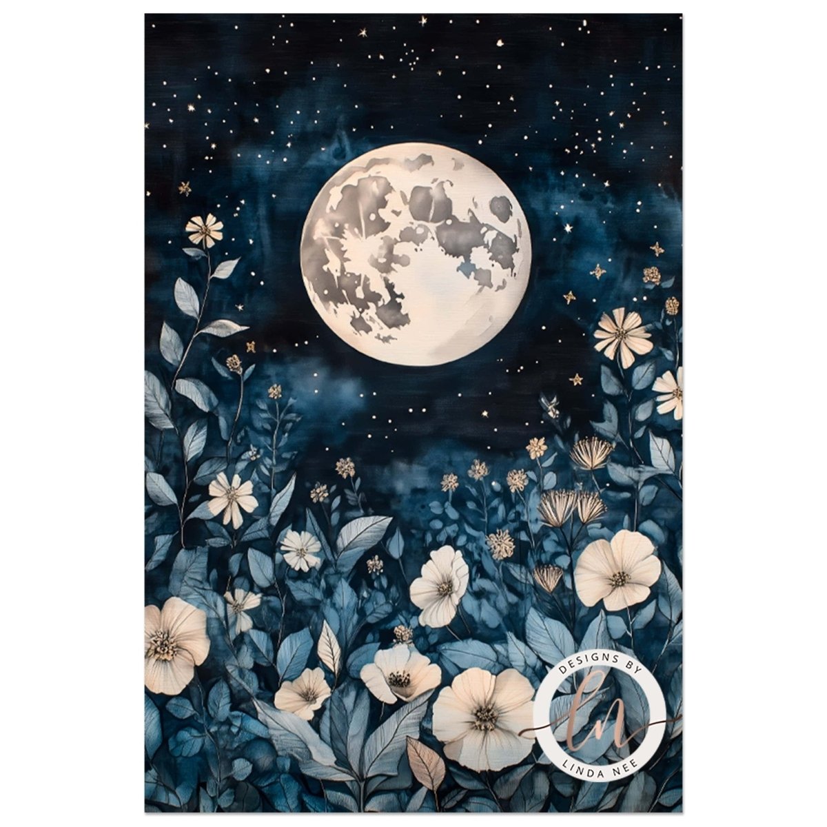 Botanical moon artwork with flowers illuminated under a full moon