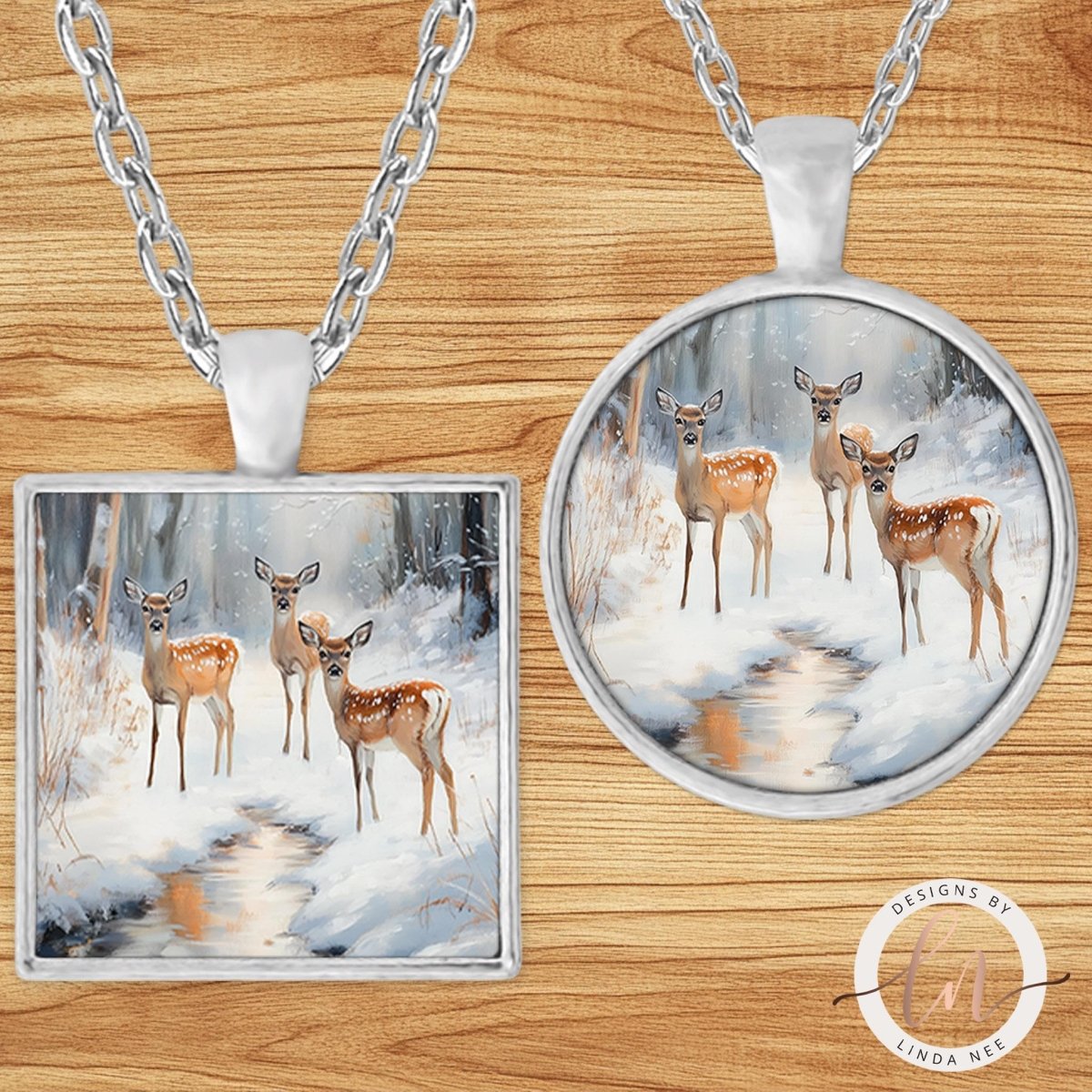 Three Fawns Winter Stream Pendant Necklace