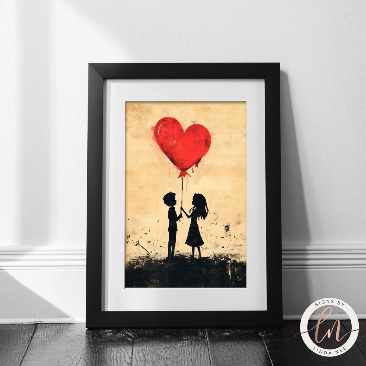 Couple with heart balloon against a textured vintage background