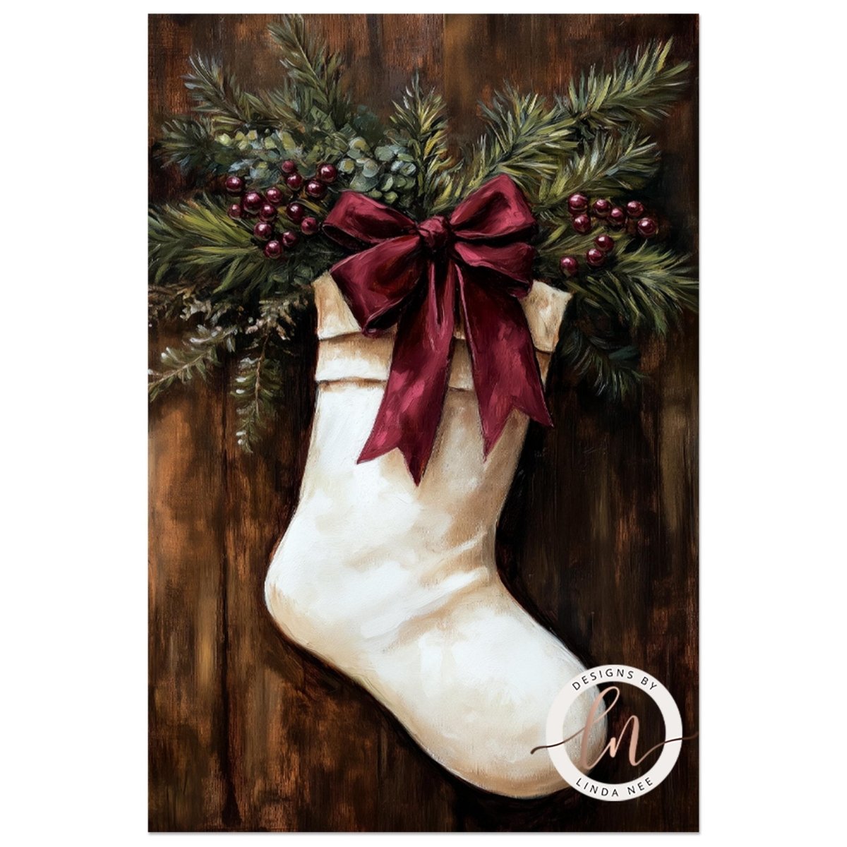 Christmas stocking art print with pine boughs against a rustic wooden background