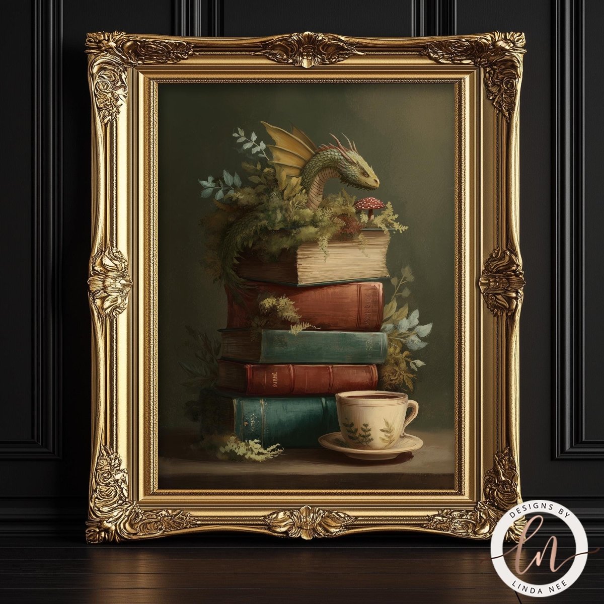 A framed painting depicting a stack of books with a dragon perched on top, surrounded by greenery and flowers.