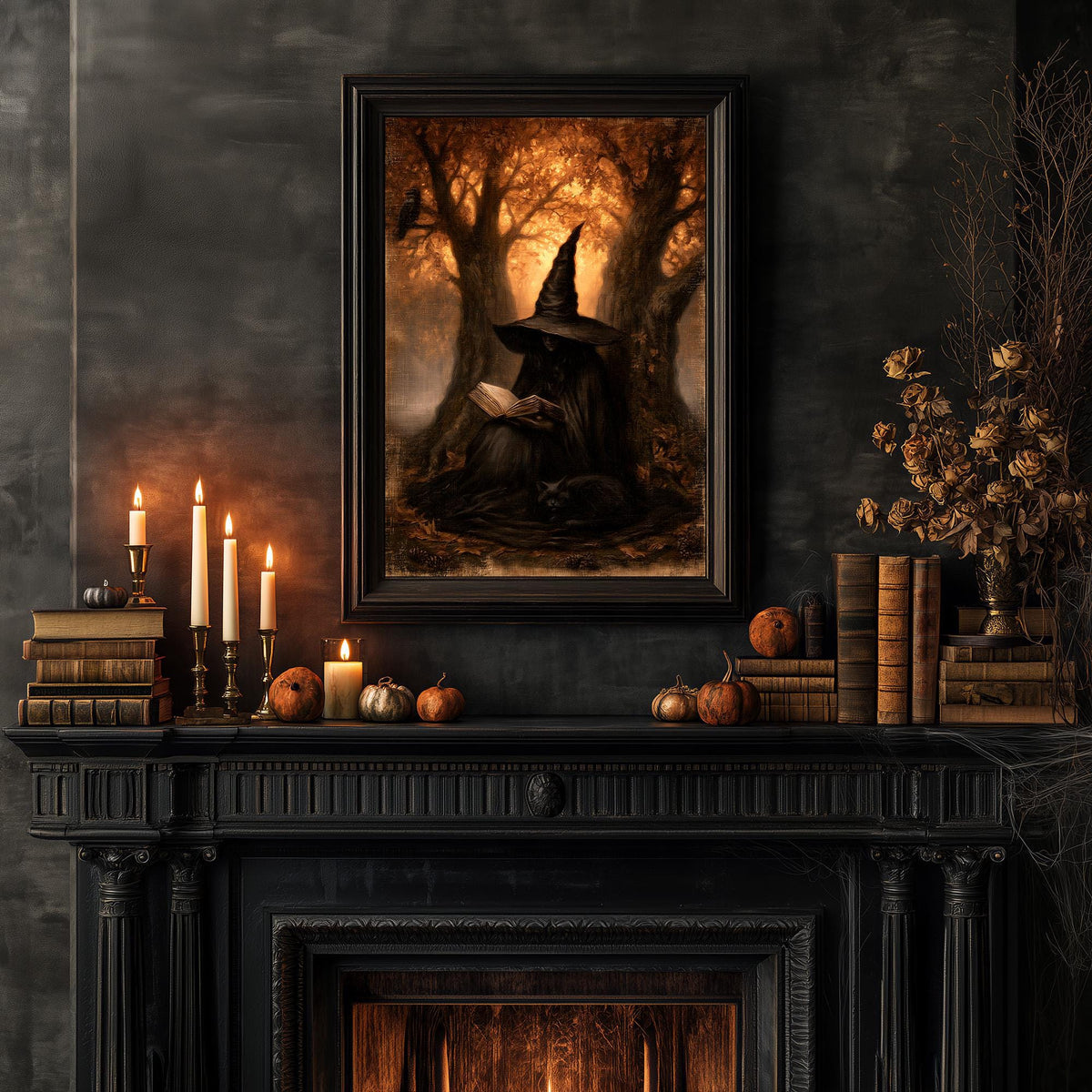 Autumn witch art styled with lit candles and pumpkins on a dark surface