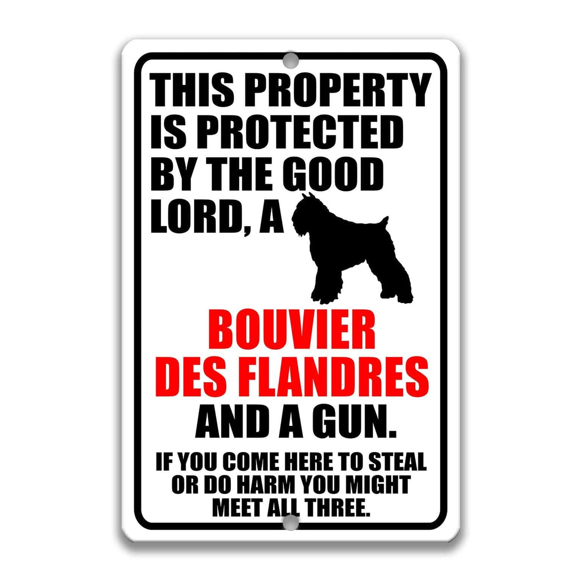a sign with a warning message about a property being protected by a good Lord, specifically a Bouvier des Flandres, and a gun. The sign also includes a cautionary note about potential theft or harm if someone enters the property.