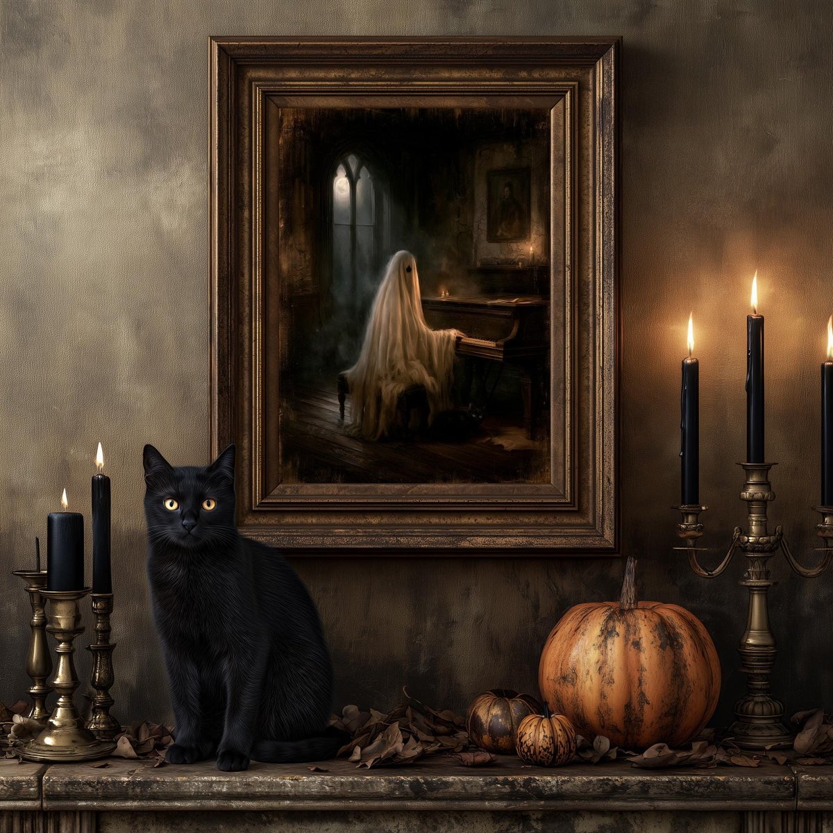 Black cat on a mantel below the ghost piano print, with a pumpkin and lit candles