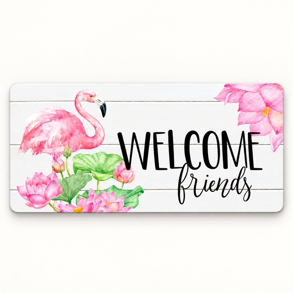 Welcome Friends Flamingo 6x12 metal wreath sign with a pink flamingo and lotus flowers