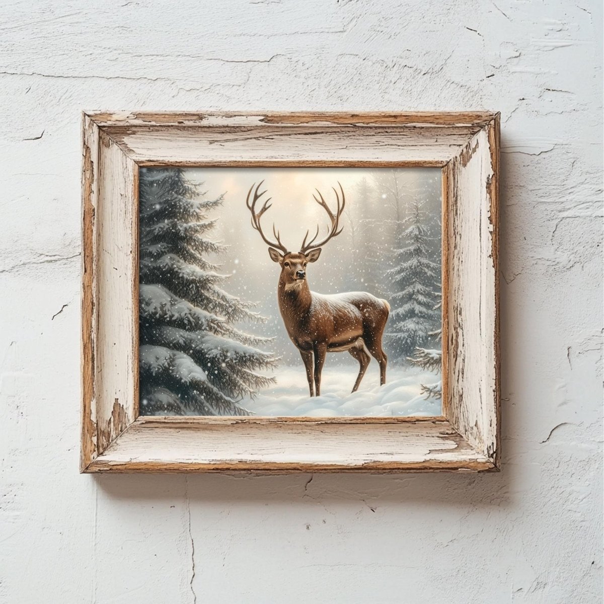 Antlered deer standing still in falling snow among winter trees