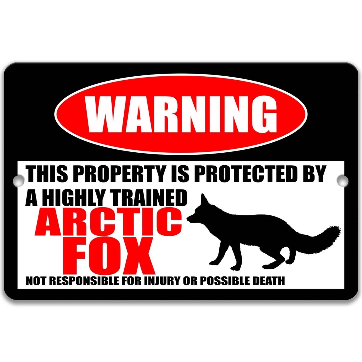 Arctic fox warning metal sign, glossy black, red WARNING oval and bushy-tailed arctic fox silhouette