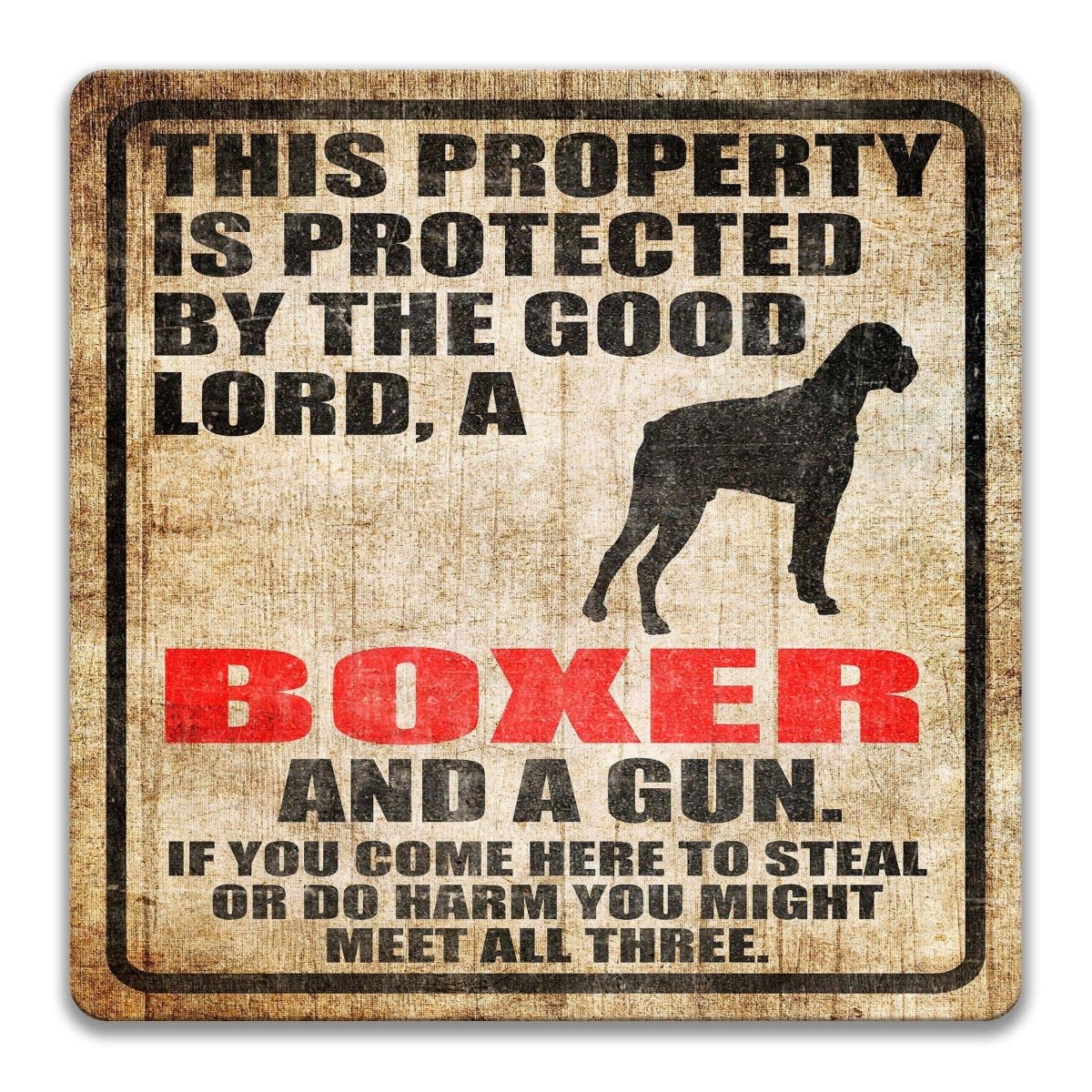 Boxer Dog Gun Owner Warning Metal Sign