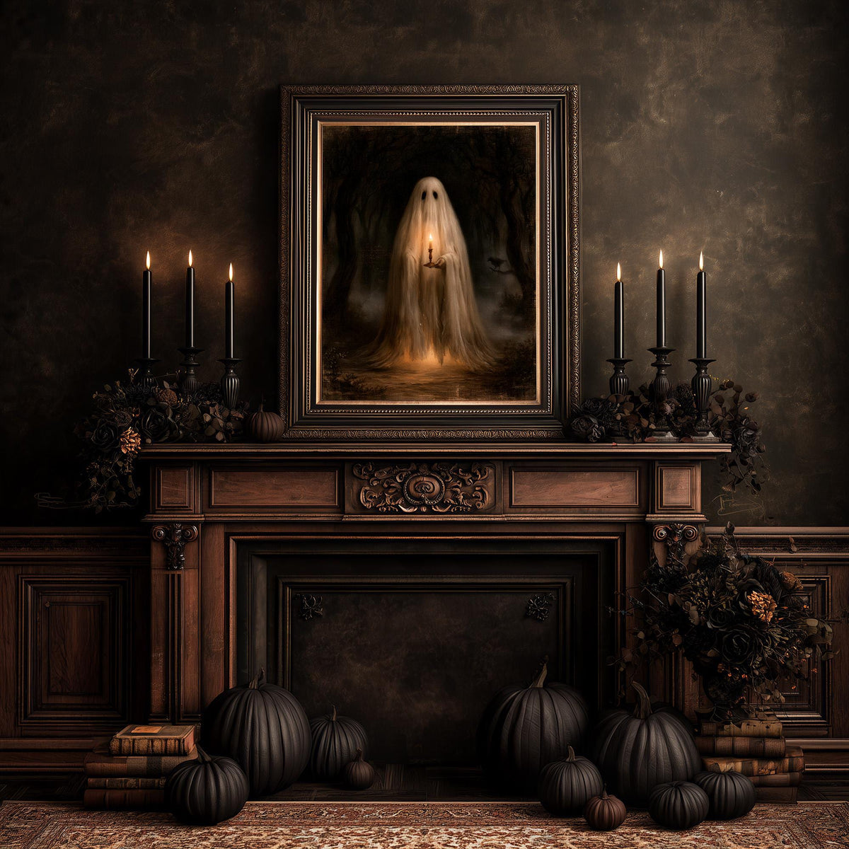 Fireplace styled with pumpkins, candles, and books beneath the candlelight ghost