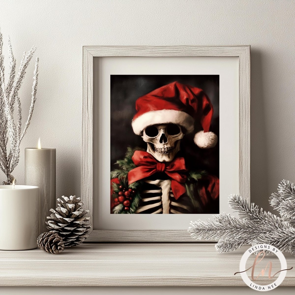 Creepmas skeleton Santa print displayed with a wreath and pine cone decorations