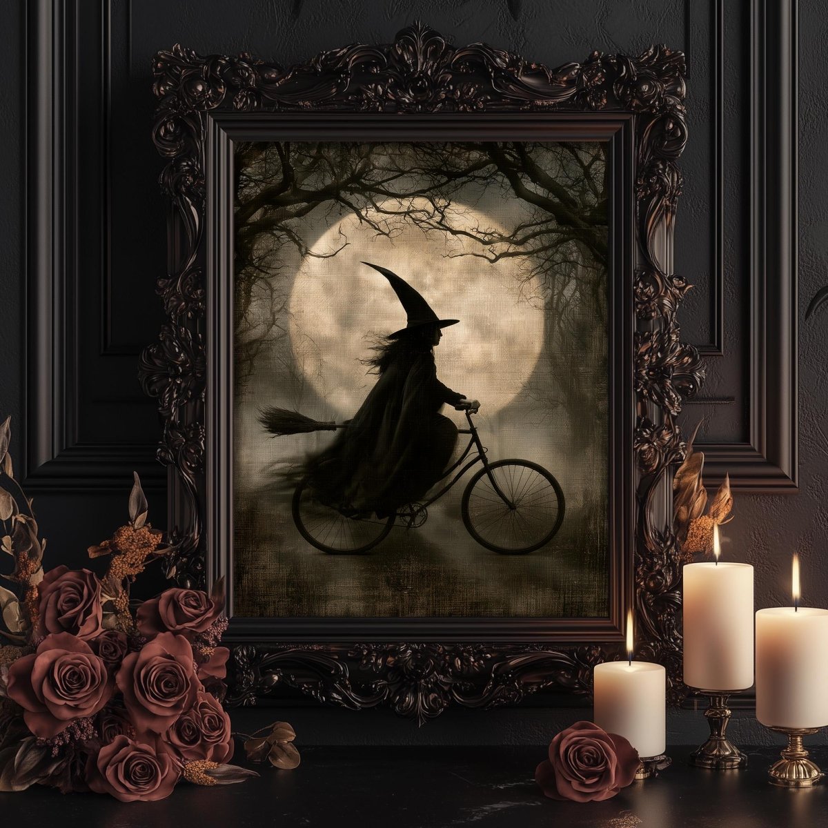 Close view of the witch, bicycle, and broom under the full moon