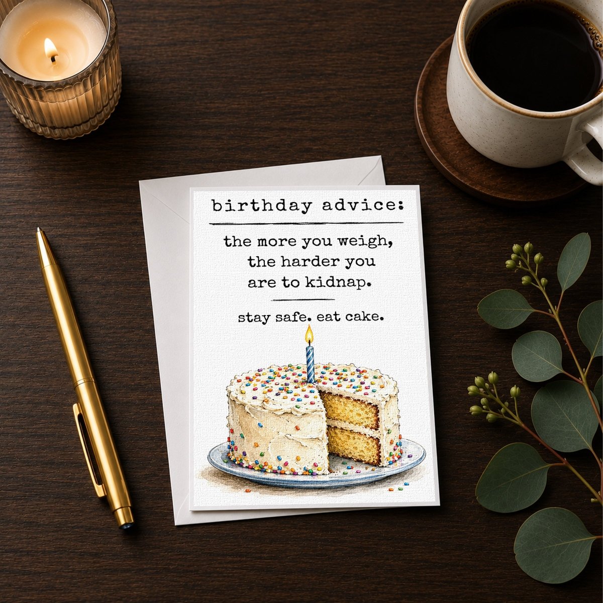 a birthday card with a cake and a candle, accompanied by a pen, a candle, and a cup of coffee on a wooden surface.