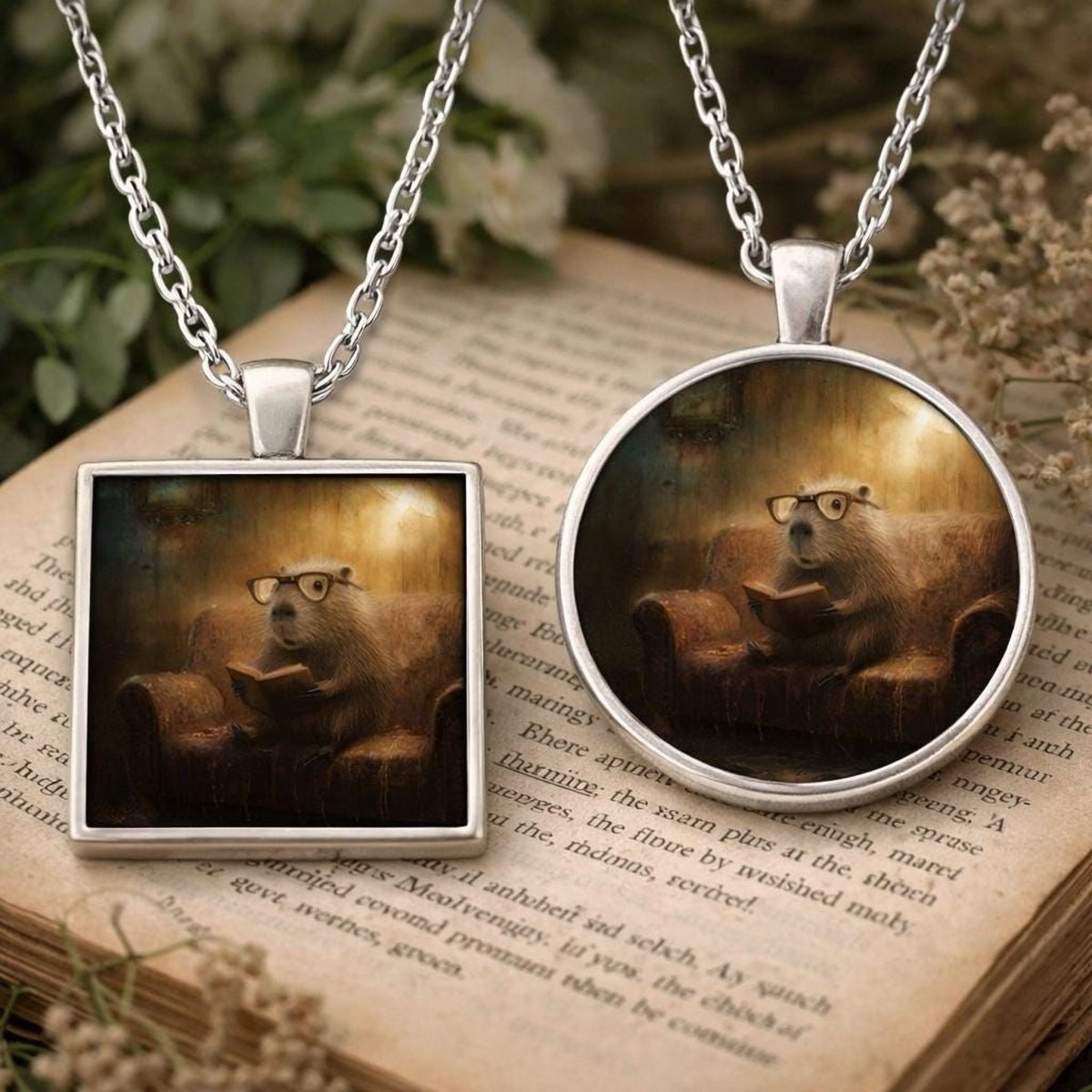 Two pendant necklaces with a square pendant featuring a capybara wearing glasses and reading a book, and a round pendant with the same capybara wearing glasses and reading a book.