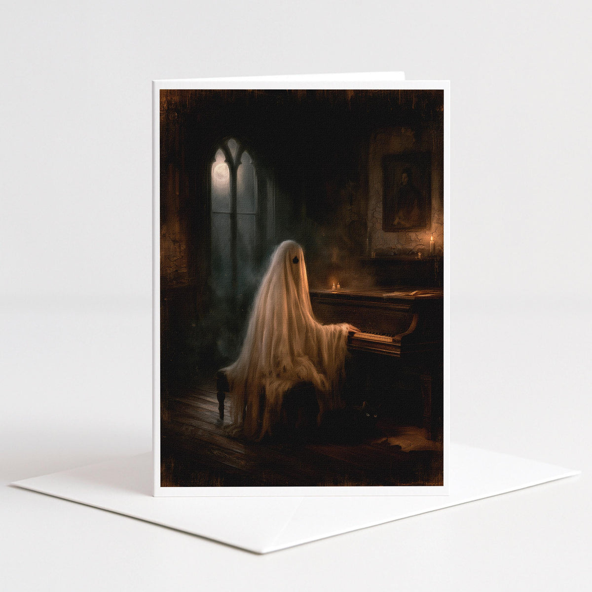 Ghost playing an old piano by candlelight on a 5x7 blank note card by Designs by Linda Nee