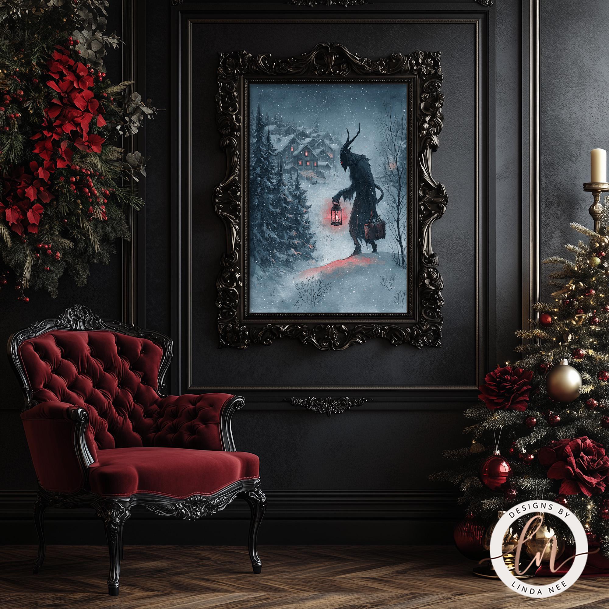 a dark, gothic-themed room with a red velvet chair, a Christmas tree, and a framed painting of a figure in a snowy landscape.