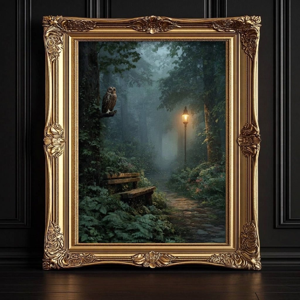 A painting of a forest path with a lamp post, surrounded by lush greenery and a misty atmosphere.