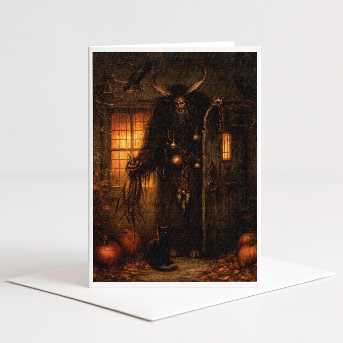 Krampus at the cottage door Halloween note card art with ravens, pumpkins, and a black cat