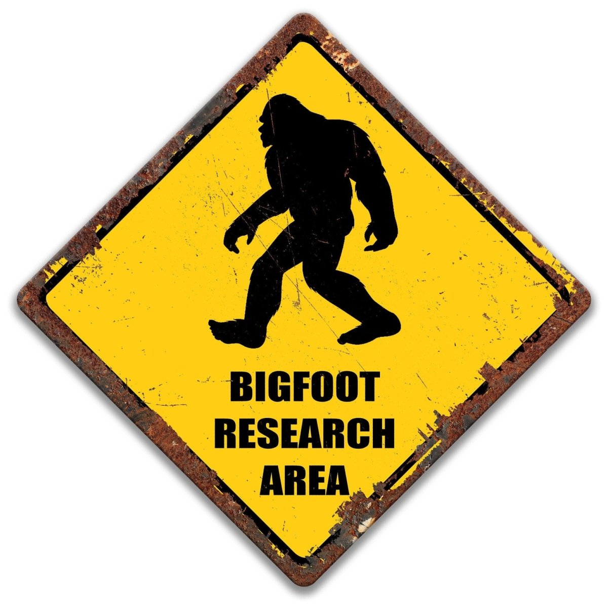 a sign with a silhouette of a large, furry creature, likely a Sasquatch, and the text "BIGFOOT RESEARCH AREA" below it.