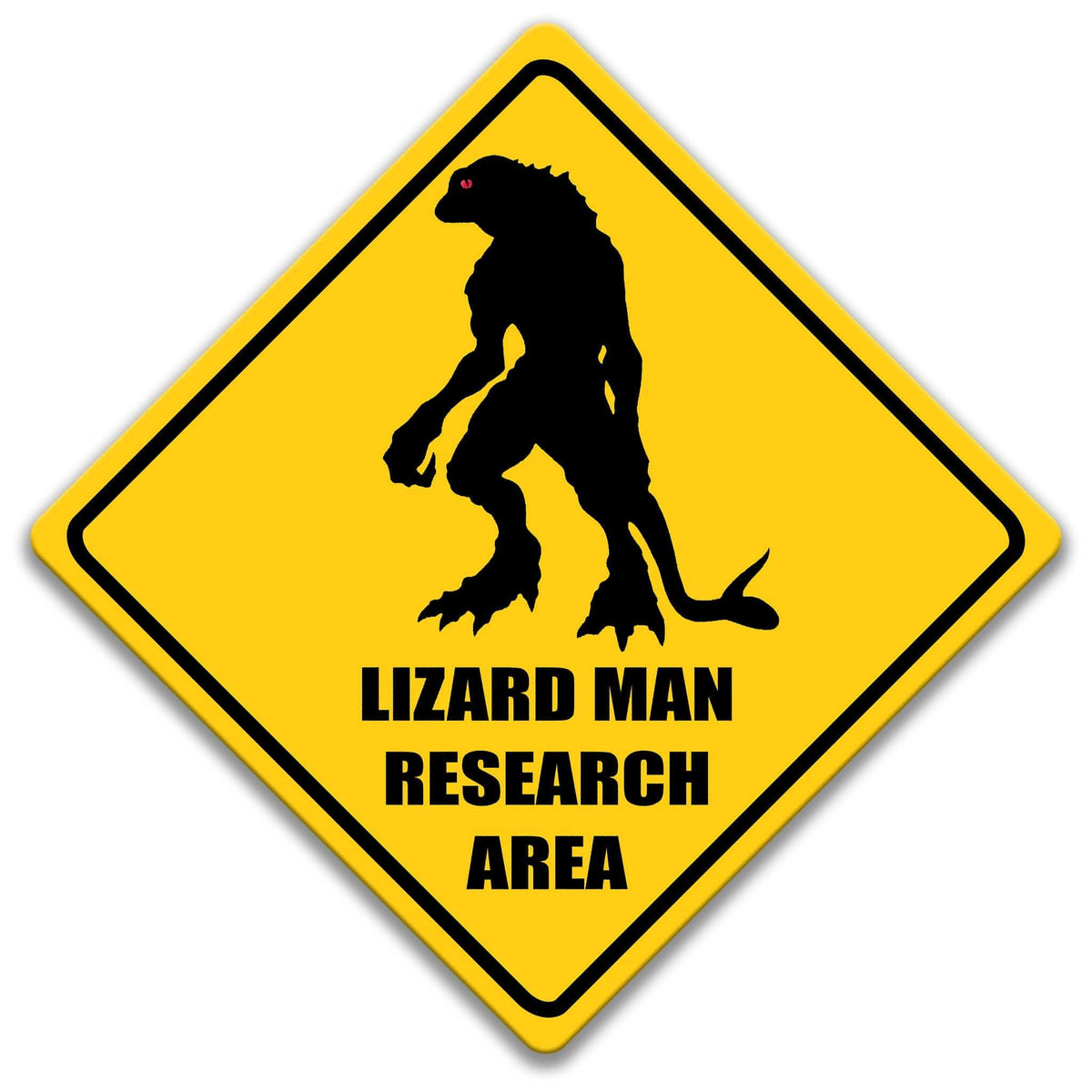 a yellow diamond-shaped sign with a black silhouette of a lizard and the text "LIZARD MAN RESEARCH AREA" written below it.