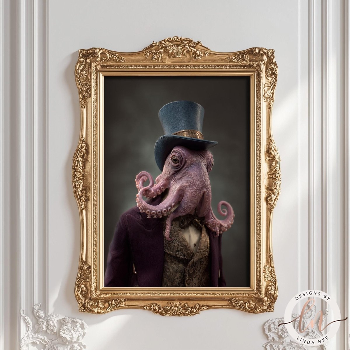 an octopus wearing a top hat and a purple suit, standing in a gilded frame.