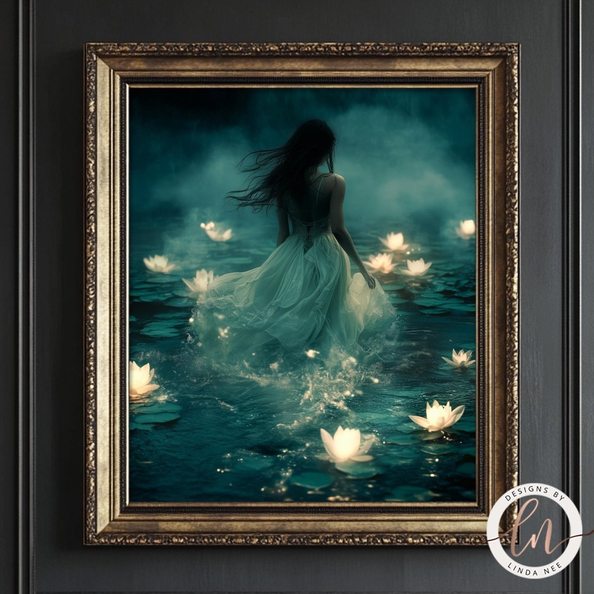 Woman standing in a tranquil pond among white lotus flowers