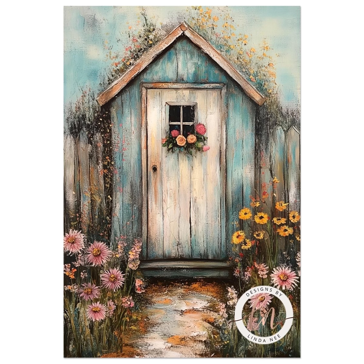 Blue garden shed nestled among colorful flowers and greenery