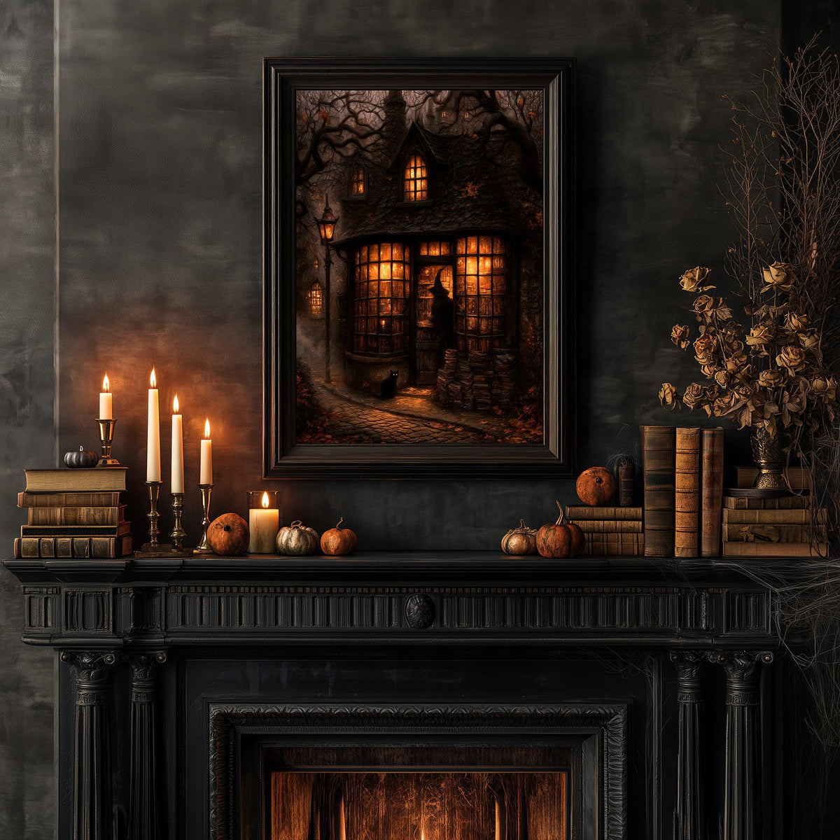 Cozy fireplace with candles, pumpkins, and books beneath the bookshop print