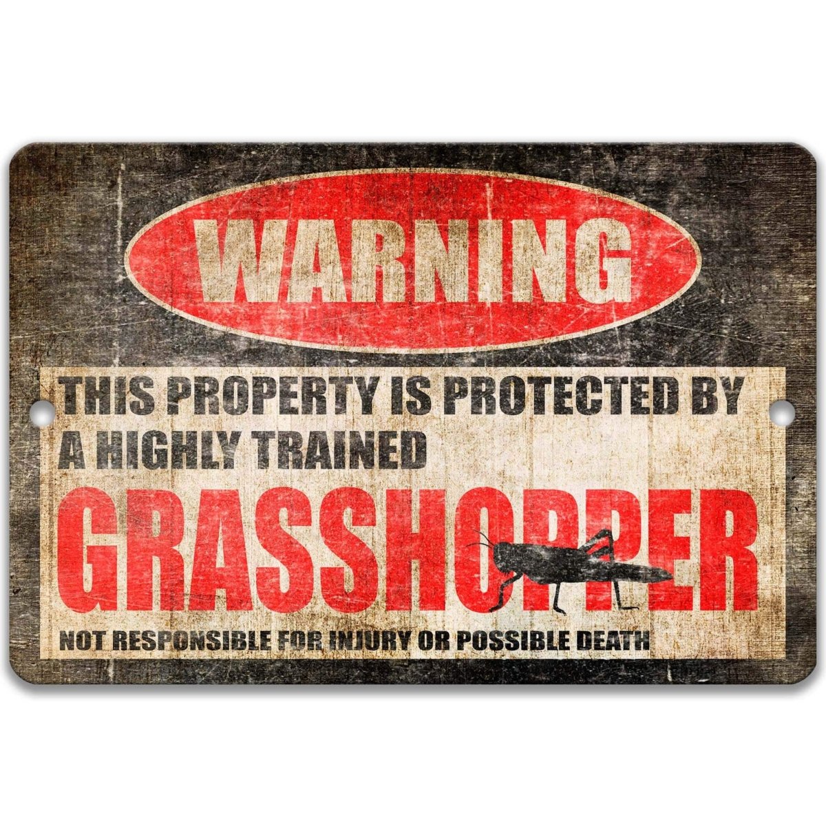 Square grasshopper warning metal sign, black background with red WARNING banner and long-legged grasshopper silhouette