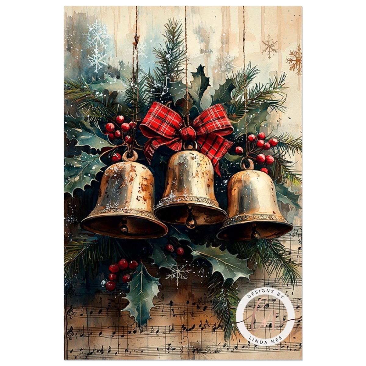 Golden bells wrapped in holly berries and a red plaid bow