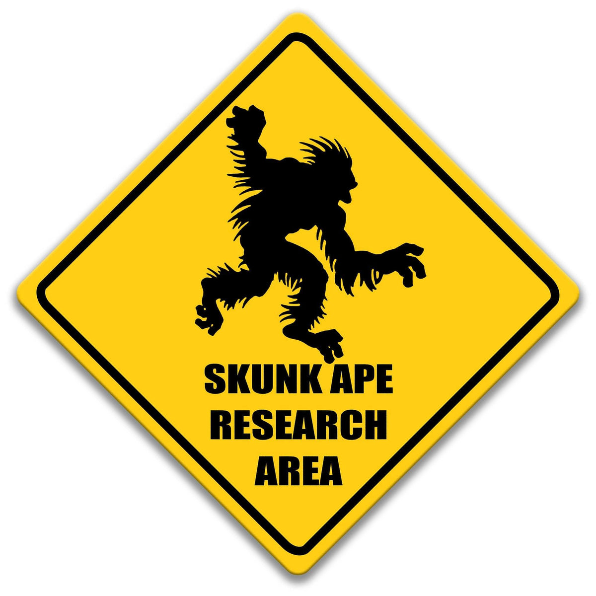 a sign with a silhouette of a skunk and the text "SKUNK APE RESEARCH AREA" on it.