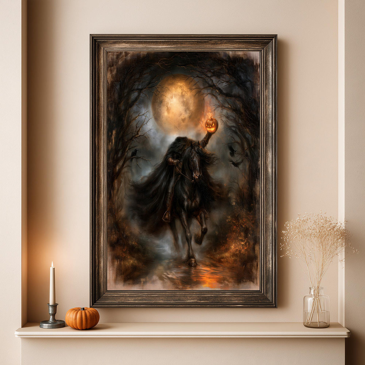 Full artwork view of the rider, the pumpkin lantern, and the moonlit treeline