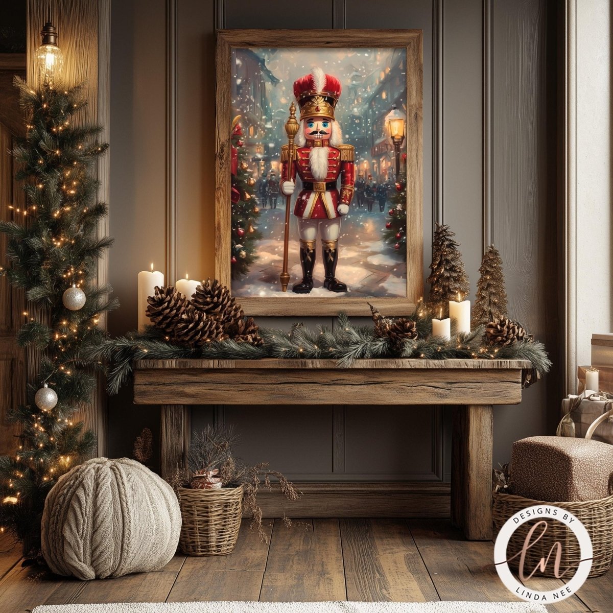 Nutcracker wall art styled on a table with pine cones and candles