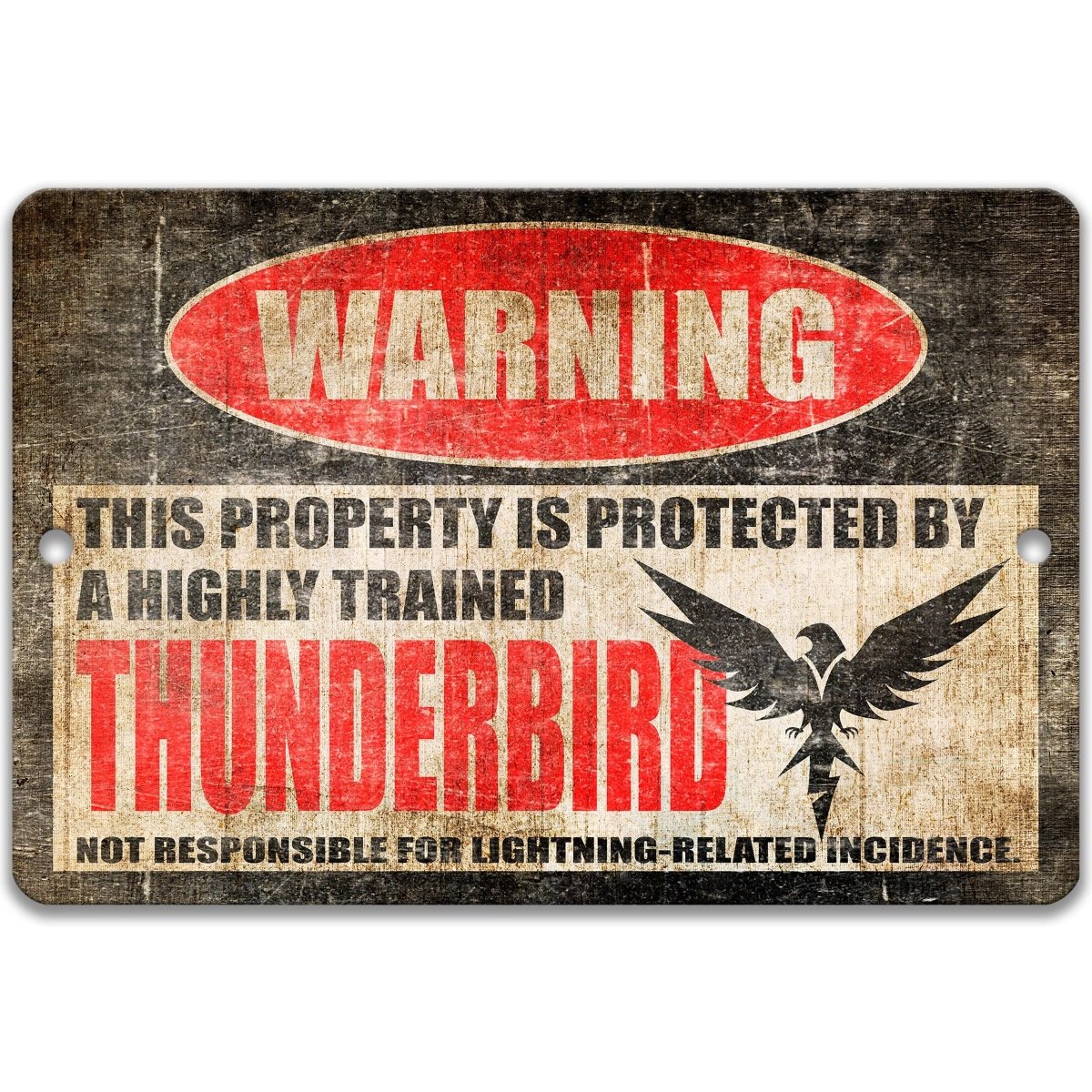 a warning sign that says "WARNING THUNDERBIRD NOT RESPONSIBLE FOR LIGHTNING- RELATED INCIDENCE".