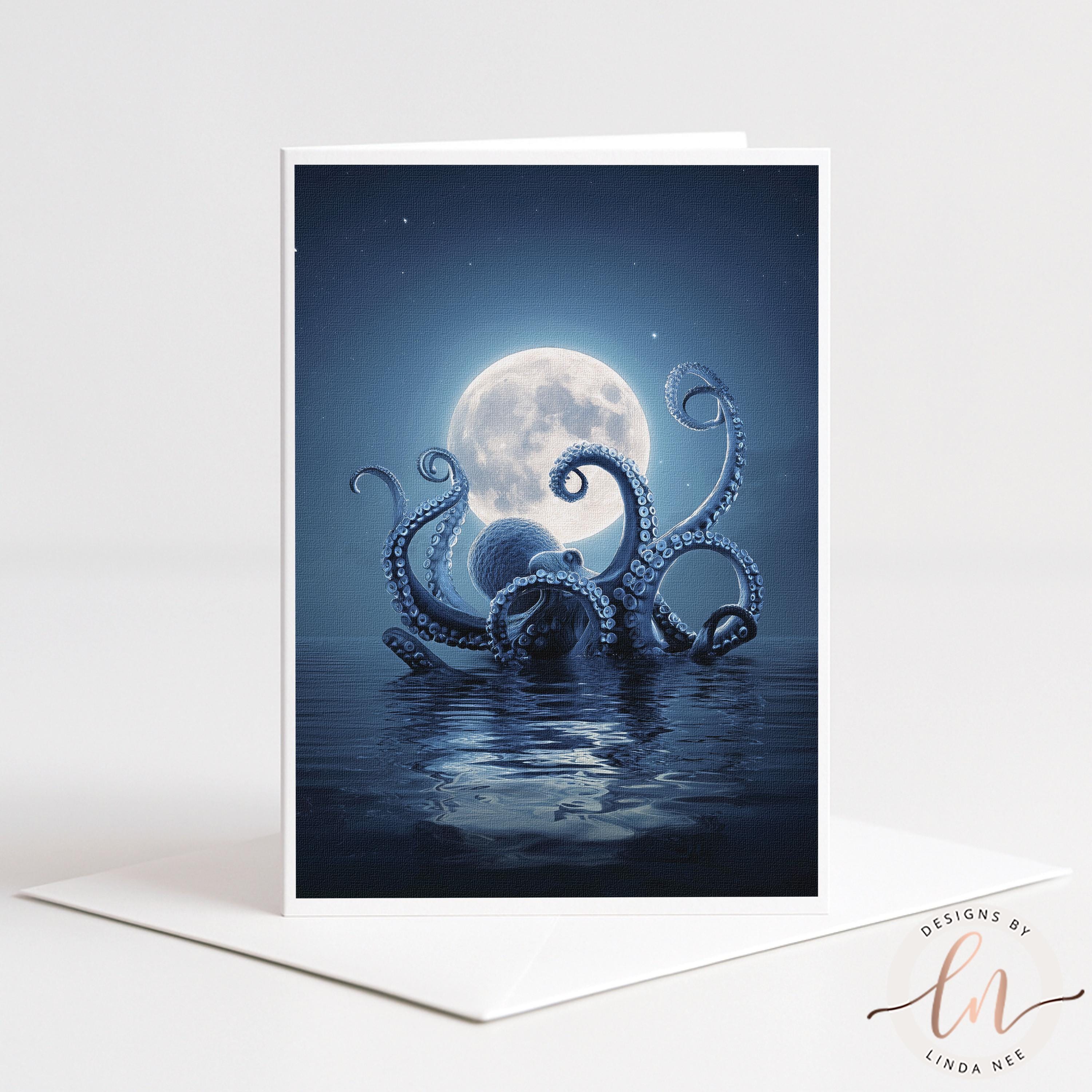 A large, full moon shines brightly over a deep blue body of water, illuminating a large, tentacled octopus in the foreground.