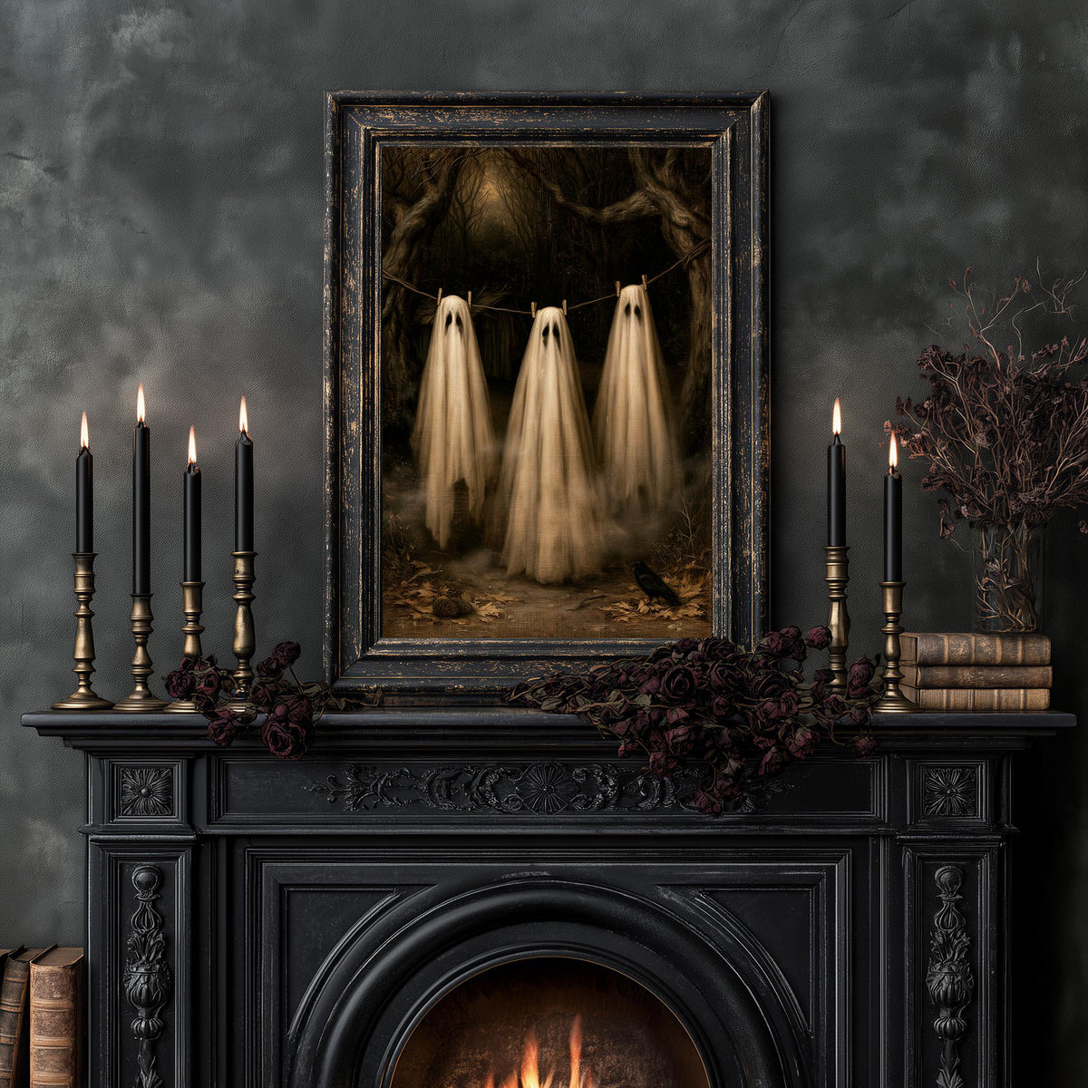 Gothic ghost painting above a fireplace lit by tapered candles