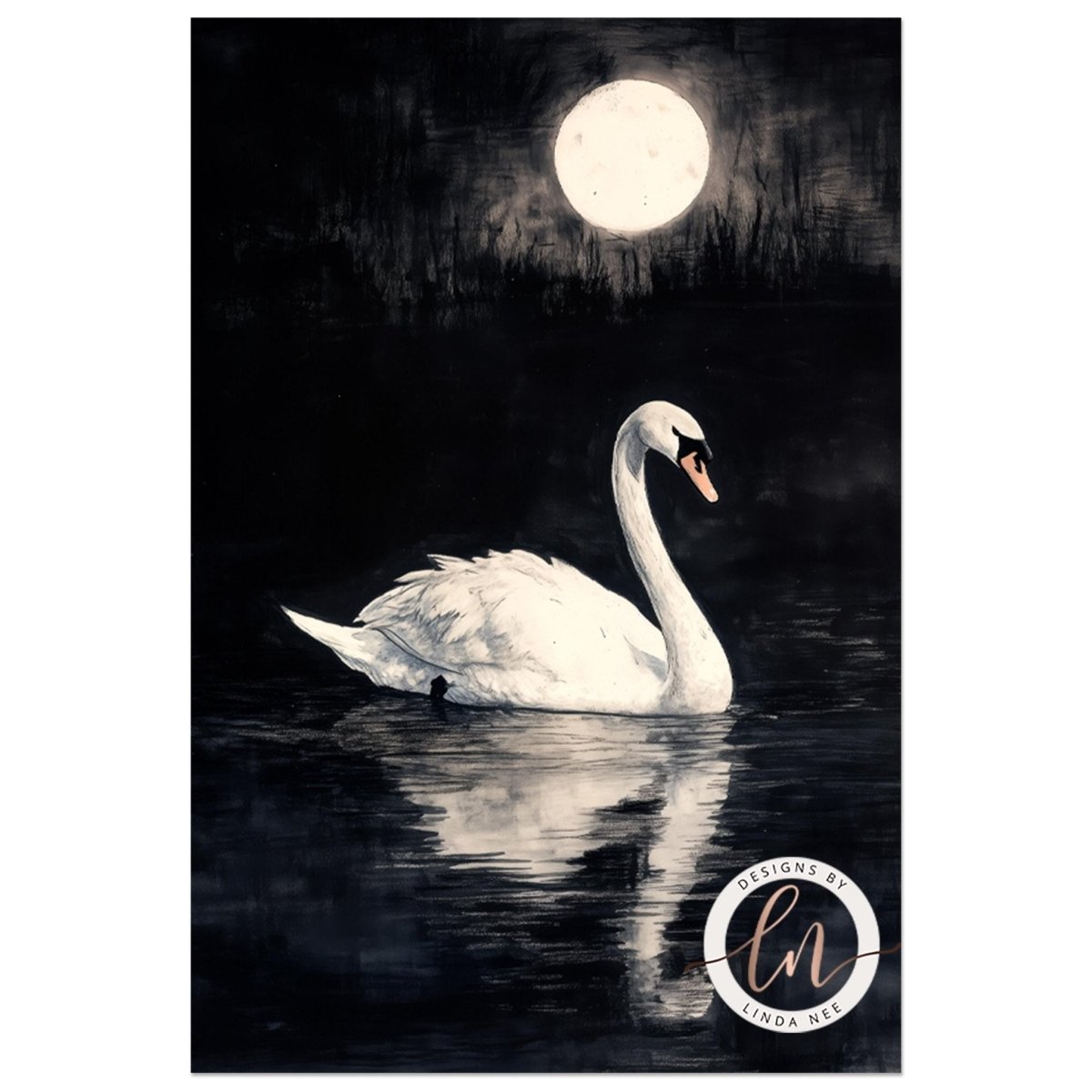 Swan on dark water print with moonlight illuminating the scene