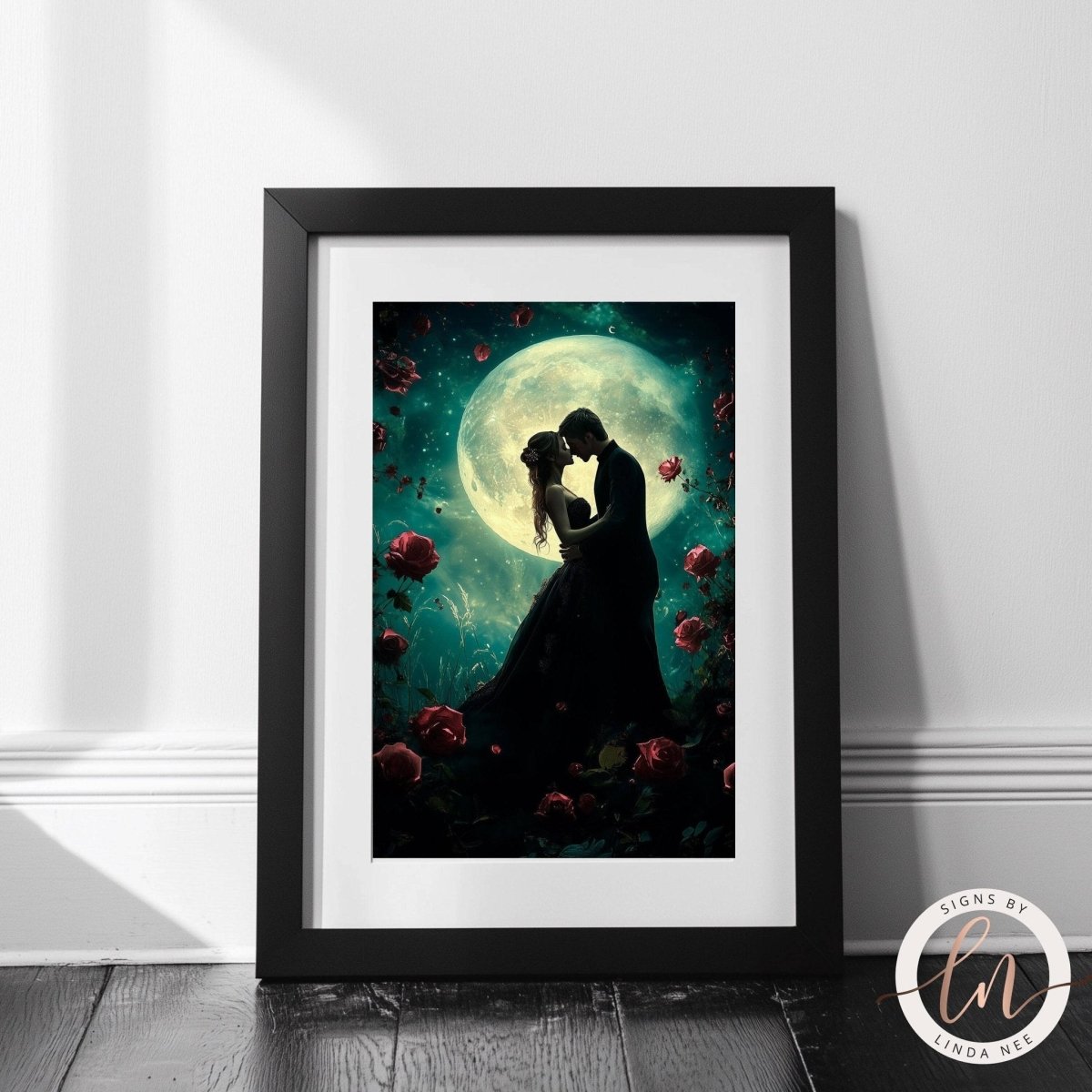 Couple embracing under a full moon among red roses print