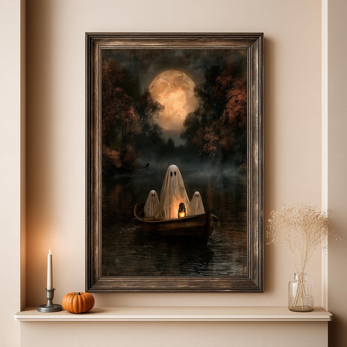 Full artwork view of three ghosts rowing beneath an enormous autumn moon