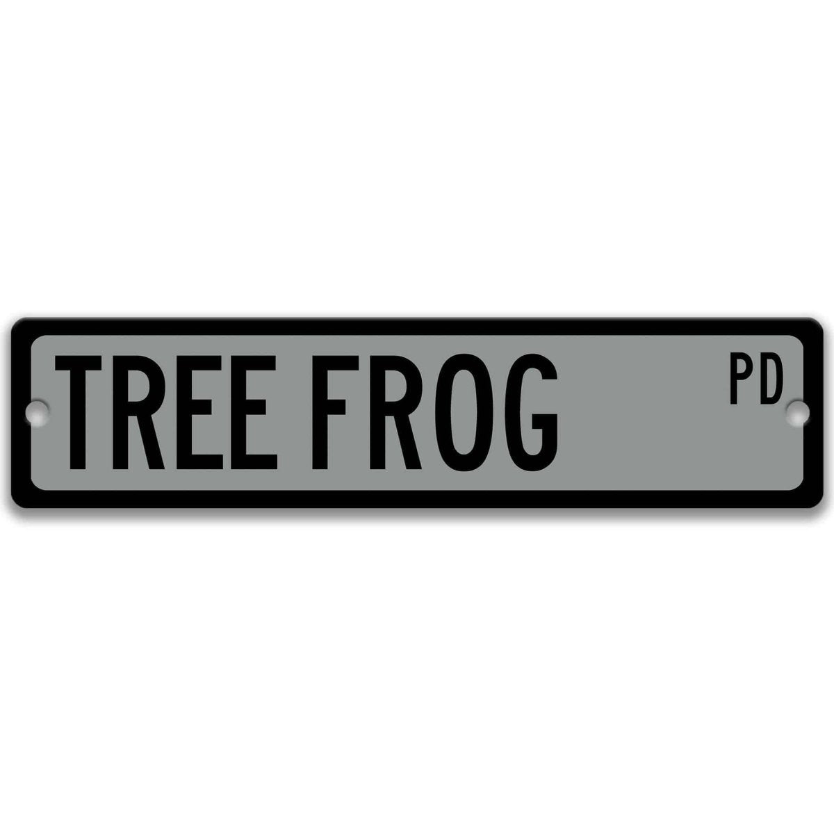 Tree Frog Street Name metal sign with gray background