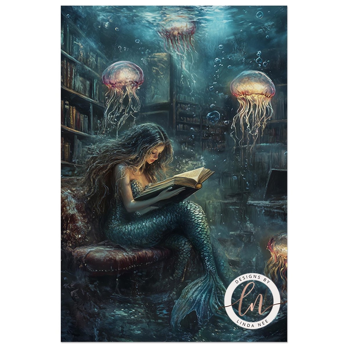 A mermaid is reading a book while surrounded by jellyfish in a fantastical underwater setting.