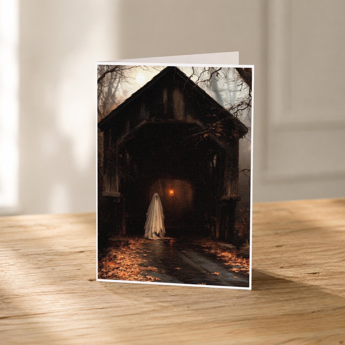 Ghost in a Covered Bridge 5x7 Halloween note card front