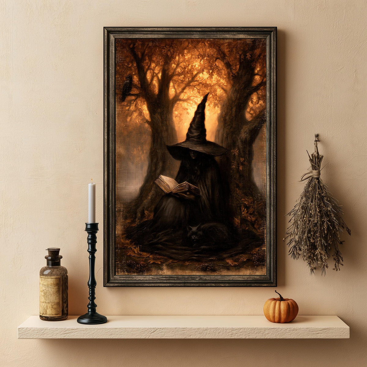 Detail of the amber canopy backlighting the witch and her book