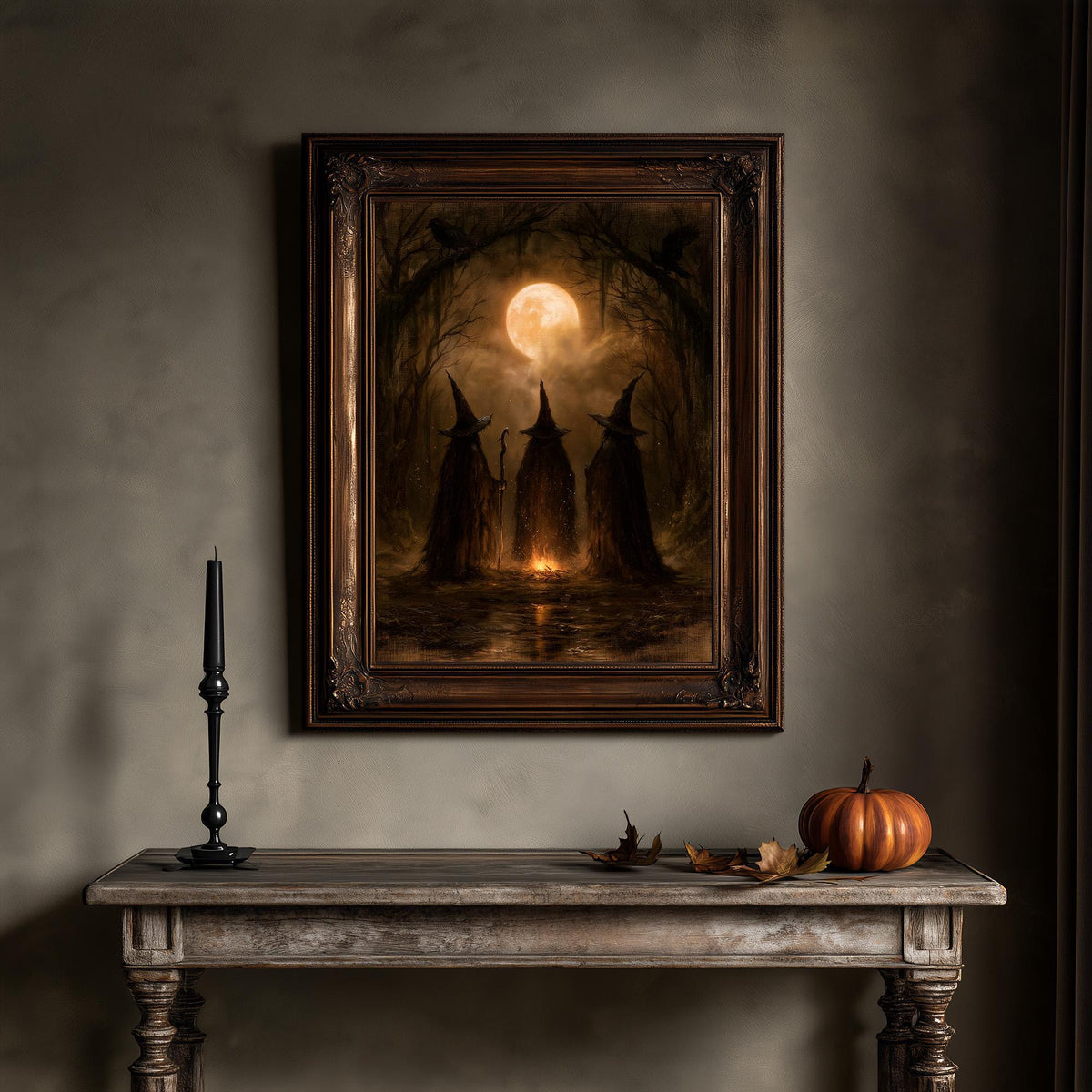 Witchcore print above a wooden table holding a pumpkin and scattered leaves