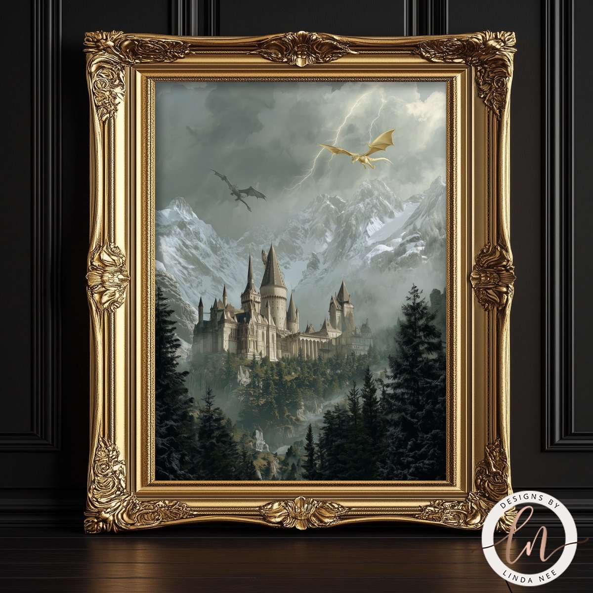 A framed painting depicting a castle surrounded by a misty, mountainous landscape with a dragon flying overhead.