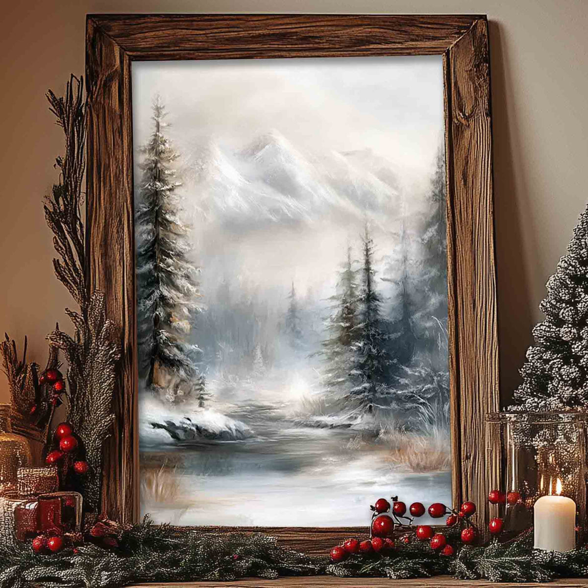 a serene winter landscape with snow-covered trees and a frozen lake, framed by a wooden border. The scene is adorned with holiday decorations, including red berries, candles, and pine branches, creating a festive atmosphere.